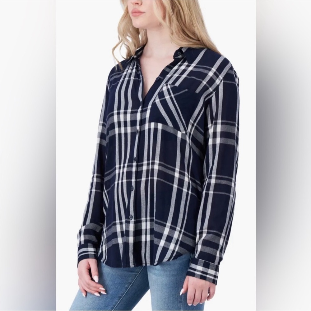Lucky Brand Cotton Blend Gauze Button Up Shirt Navy Blue White Plaid S NEW